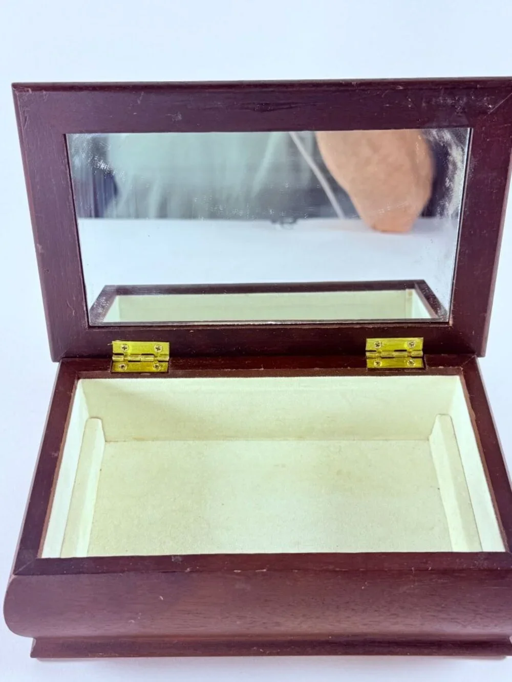 Vintage Wooden Jewelry Box W/Floral Needlepoint Lid Mirror Interior Tray Missing